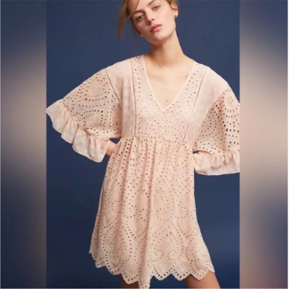 Anthropologie Akemi +Kin Brooke Eyelet Swing Dress Blush Pink 8